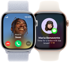Połączenie przychodzące na Apple Watch Series 10 i przychodząca wiadomość tekstowa na innym Apple Watch Series 10