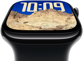 Ekran Apple Watch Series 10 odchylający się do tyłu, żeby uwidocznić większą powierzchnię ekranu