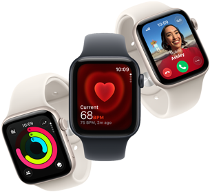 Trzy urządzenia Apple Watch SE 3 unoszące się obok siebie