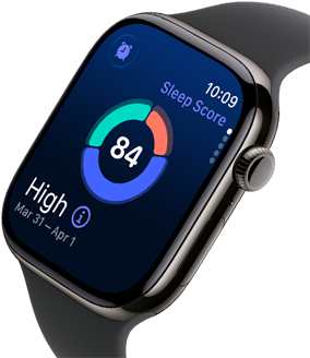 Zbliżenie na Apple&nbsp;Watch Series&nbsp;11 w&nbsp;kopercie z tytanu w&nbsp;kolorze łupku, z&nbsp;wynikiem snu na wyświetlaczu