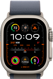 Pokazany Apple Watch Ultra 2 z niebieską opaską Alpine. Widać tarczę zegarka z komplikacjami przedstawiającymi GPS, temperaturę, kompas, wysokość nad poziomem morza i wskaźniki treningowe.