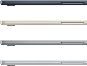Cztery zamknięte laptopy MacBook Air w dostępnych kolorach: północy, księżycowej poświaty, gwiezdnej szarości i srebrnym