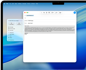 Ekran MacBooka Air przedstawiający Narzędzia pisania Apple Intelligence podczas pisania mejla