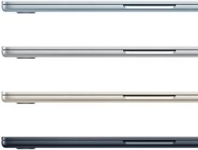 Pokazane bokiem cztery MacBooki Air w czterech różnych kolorach