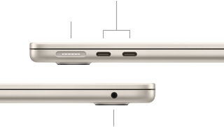 Zamknięty MacBook Air, pokazany z lewego boku, gdzie widać port MagSafe i dwa porty Thunderbolt, oraz z prawego, gdzie widać gniazdo słuchawkowe