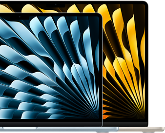 Dwa laptopy MacBook Air demonstrujące różnicę rozmiaru wyświetlaczy, 13,6 cala i 15,3 cala, mierzonych po przekątnej
