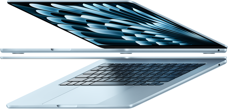 Dwa otwarte MacBooki Air w kolorze błękitnym tworzące strzałkę, co podkreśla ich smukły profil