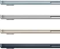 Cztery MacBooki Air w czterech różnych kolorach widziane z boku