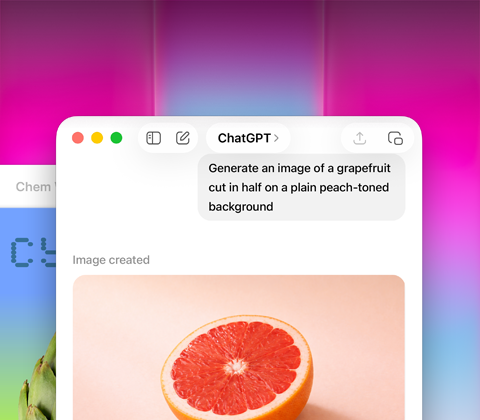 Ekran MacBooka Neo, na którym za pomocą ChatGPT wygenerowano obraz grejpfruta, w drugim oknie widać obraz karczocha na tle z gradientem w Keynote