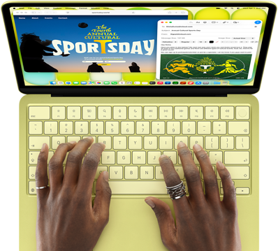 MacBook Neo w kolorze cytrusowożółtym, dłonie na klawiaturze, użytkownik pisze mejla z zaproszeniem na wydarzenie sportowe, obok widoczna jest otwarta strona internetowa z informacjami o wydarzeniu