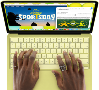 MacBook Neo w kolorze cytrusowożółtym, dłonie na klawiaturze, użytkownik pisze mejla z zaproszeniem na wydarzenie sportowe, obok widoczna jest otwarta strona internetowa z informacjami o wydarzeniu