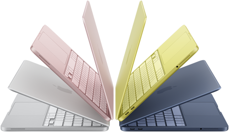 L}Laptopy MacBook Neo w kolorach srebrnym, subtelnego różu, cytrusowożółtym i indygo, lekko otwarte i ułożone w łuk