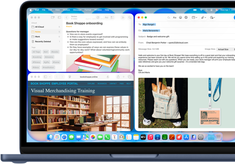MacBook Neo w kolorze indygo, na ekranie widać wiadomość e-mail z powitalnym pozdrowieniem dla nowej pracowniczki księgarni, inne okna zawierają dokument z Notatek o wdrożeniu i stronę internetową portalu dla pracowników księgarni w Safari