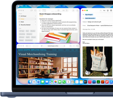 MacBook Neo w kolorze indygo, na ekranie widać wiadomość e-mail z powitalnym pozdrowieniem dla nowej pracowniczki księgarni, inne okna zawierają dokument z Notatek o wdrożeniu i stronę internetową portalu dla pracowników księgarni w Safari