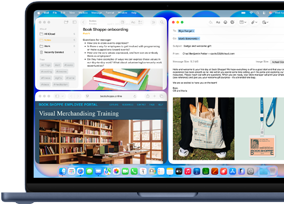 MacBook Neo w kolorze indygo, na ekranie widać wiadomość e-mail z powitalnym pozdrowieniem dla nowej pracowniczki księgarni, inne okna zawierają dokument z Notatek o wdrożeniu i stronę internetową portalu dla pracowników księgarni w Safari