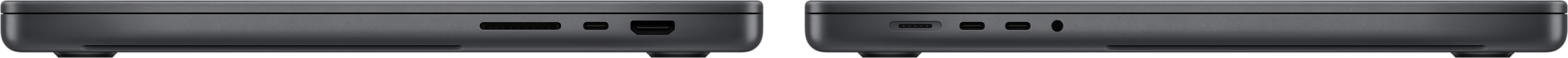 Widok z boku na MacBooka Pro przedstawiający gniazdo na kartę SDXC, trzy porty Thunderbolt 4, port HDMI, port MagSafe 3 do ładowania i gniazdo słuchawkowe.