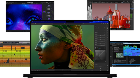 Liczne kolorowe treści na ekranie – od produkcji muzyki, przez montaż wideo i animację 3D, po edycję zdjęć – ukazujące niesamowitą wydajność grafiki Maca