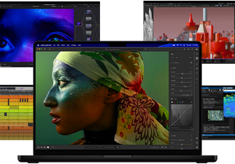 Liczne kolorowe treści na ekranie – od produkcji muzyki, przez montaż wideo i animację 3D, po edycję zdjęć – ukazujące niesamowitą wydajność grafiki Maca