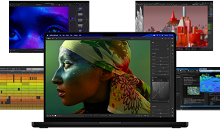 Liczne kolorowe treści na ekranie – od produkcji muzyki, przez montaż wideo i animację 3D, po edycję zdjęć – ukazujące niesamowitą wydajność grafiki Maca