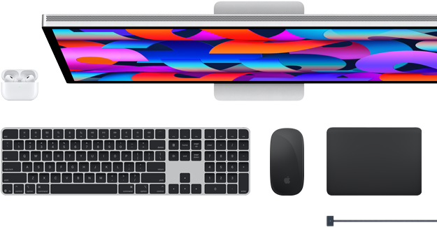 Akcesoria do Maca: Airpods, monitor Studio Display, klawiatura Magic Keyboard, mysz Magic Mouse, gładzik Magic Trackpad, przewód do ładowania MagSafe w kolorze gwiezdnej czerni