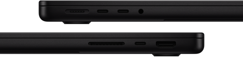 Prezentacja portów w MacBooku Pro. Z lewej strony: MagSafe 3, dwa porty Thunderbolt i gniazdo słuchawkowe. Z prawej strony: gniazdo na kartę SDXC, jeden port Thunderbolt i port HDMI