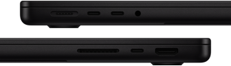 Prezentacja portów w MacBooku Pro. Z lewej strony: MagSafe 3, dwa porty Thunderbolt i gniazdo słuchawkowe. Z prawej strony: gniazdo na kartę SDXC, jeden port Thunderbolt i port HDMI