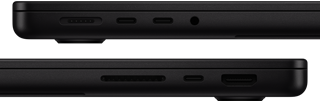 Prezentacja portów w MacBooku Pro. Z lewej strony: MagSafe 3, dwa porty Thunderbolt i gniazdo słuchawkowe. Z prawej strony: gniazdo na kartę SDXC, jeden port Thunderbolt i port HDMI