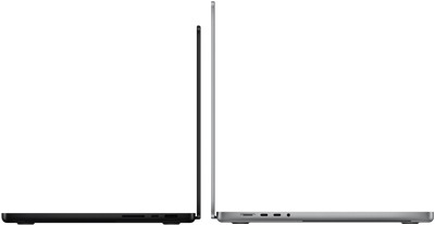 14- i 16-calowy MacBook Pro ustawione tyłem do siebie, ukazują różnicę w rozmiarze i wyjątkowo smukły profil