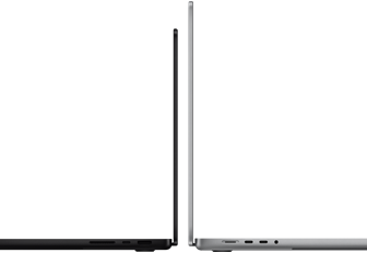 14- i 16-calowy MacBook Pro ustawione tyłem do siebie, ukazują różnicę w rozmiarze i wyjątkowo smukły profil