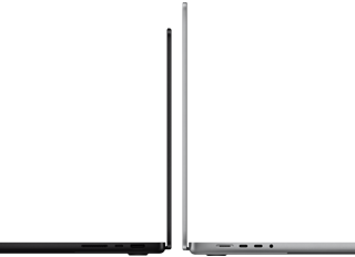 14- i 16-calowy MacBook Pro ustawione tyłem do siebie, ukazują różnicę w rozmiarze i wyjątkowo smukły profil