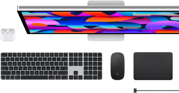 Akcesoria do Maca: Airpods, monitor Studio Display, klawiatura Magic Keyboard, mysz Magic Mouse, gładzik Magic Trackpad, przewód do ładowania MagSafe w kolorze gwiezdnej czerni