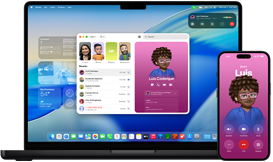 MacBook Pro i iPhone 16 Plus, otwarta aplikacja Telefon, ten sam kontakt wyświetlony na obu ekranach