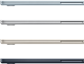 Cztery laptopy MacBook Air w dostępnych kolorach: błękitnym, srebrnym, księżycowej poświaty i północy