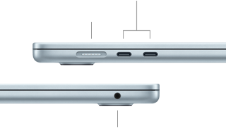 Widok na oba boki MacBooka Air i jego porty: z lewej strony port MagSafe i dwa porty Thunderbolt 4, a z prawej – gniazdo słuchawkowe