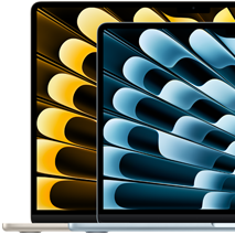 Dwa laptopy MacBook Air zestawione w celu zobrazowania różnicy rozmiaru między wyświetlaczem o przekątnej 13,6 cala a wyświetlaczem o przekątnej 15,3 cala