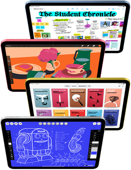 Na ekranach ustawionych przodem iPadów widać różne apki Apple i aplikacje z App Store