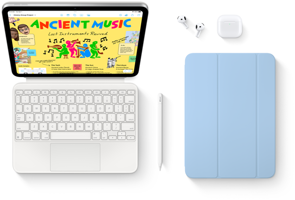 iPad połączony z Magic Keyboard Folio, Apple Pencil, AirPods i Smart Folio
