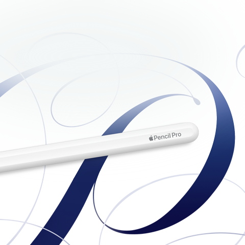 Apple Pencil Pro, biały, pokazany na białym tle z niebieskimi zawijasami