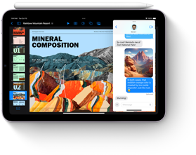 iPad mini ukazany w widoku poziomym z Apple Pencil leżącym na górze.
                                  Wyświetlacz prezentuje wielozadaniowość i nowe funkcje Apple Intelligence iPada mini