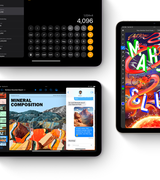 Trzy wyświetlacze iPada mini prezentujące funkcje systemu iPadOS i aplikacji