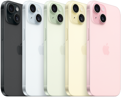 iPhone 15, widok tyłu obudowy z zaawansowanym systemem aparatów i barwionym szkłem we wszystkich kolorach wykończenia: czarnym, niebieskim, zielonym, żółtym i różowym.