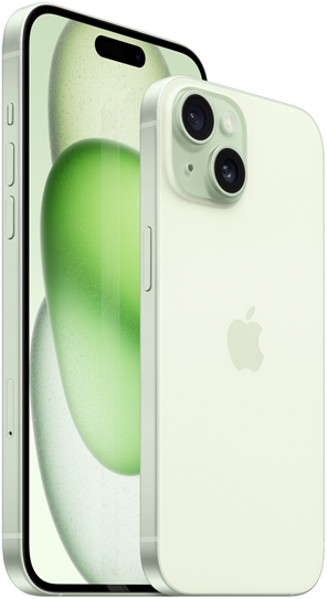 iPhone 15 Plus 6,7 cala i iPhone 15 6,1 cala pokazane obok siebie w celu porównania ich rozmiarów.