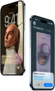 Dwa urządzenia iPhone Air pokazane z boku i z przodu, wyeksponowane są smukły profil, ekran blokady i działanie funkcji Inteligencja wizualna