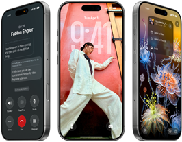 3 modele iPhone’a&nbsp;17&nbsp;Pro, przód, ustawione obok siebie urządzenia prezentują iOS&nbsp;26, efekt Liquid Glass i funkcję Apple&nbsp;Intelligence