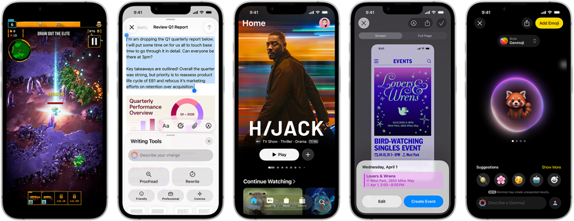 Urządzenia iPhone 17e obok siebie z różnymi ekranami, a na nich: rozgrywana gra, Narzędzia pisania, aplikacja Apple TV, wydarzenie w kalendarzu w trakcie tworzenia, tworzenie Genmoji