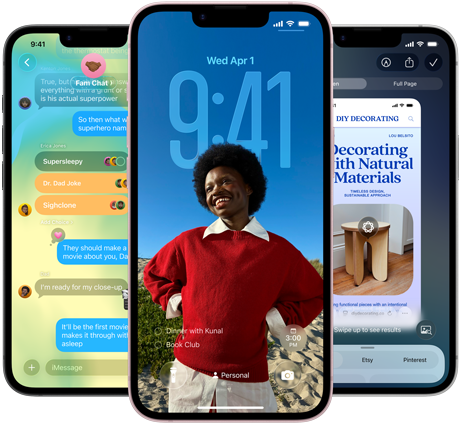 Trzy urządzenia iPhone 17e, na ekranach pokazane: apka Wiadomości z efektem Liquid Glass, dynamiczny ekran blokady i funkcja Inteligencja wizualna w użyciu