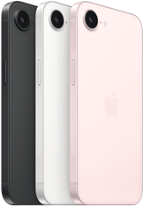 iPhone 17e, bok i tył obudowy, kolor czarny, bok i tył obudowy, kolor biały, bok i tył obudowy, kolor jasnoróżowy, aparat Fusion w górnej części urządzenia, przycisk boczny