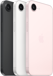 iPhone 17e, bok i tył obudowy, kolor czarny, bok i tył obudowy, kolor biały, bok i tył obudowy, kolor jasnoróżowy, aparat Fusion w górnej części urządzenia, przycisk boczny