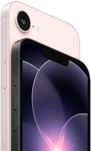 iPhone 17e w pozycji poziomej, bok i tył obudowy, kolor jasnoróżowy. iPhone 17e w pozycji poziomej, bok i tył obudowy, kolor czarny