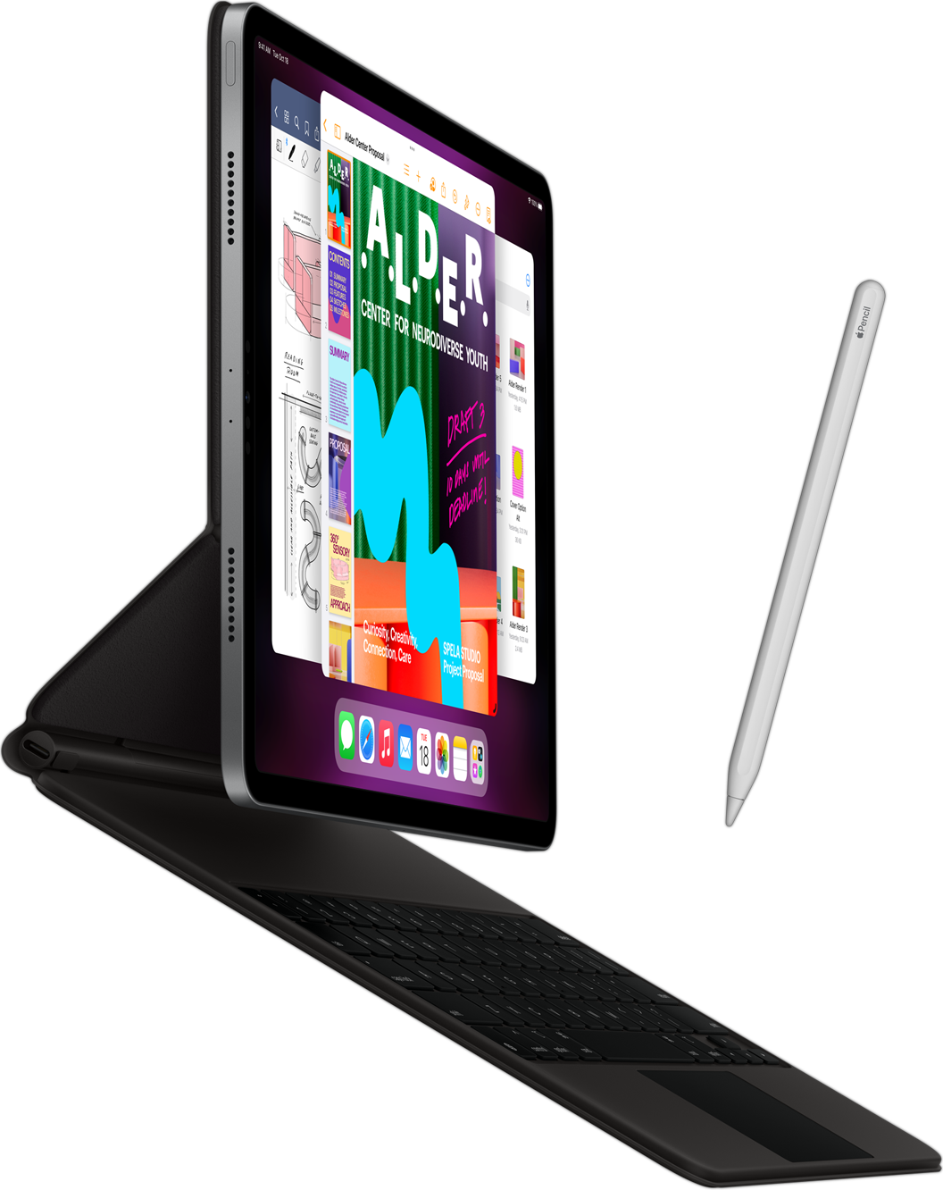 Widoczny z boku iPad Pro z założonym etui Smart Keyboard Folio i Apple Pencil.